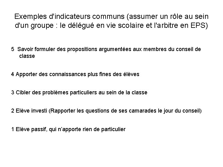 Exemples d'indicateurs communs (assumer un rôle au sein d'un groupe : le délégué en