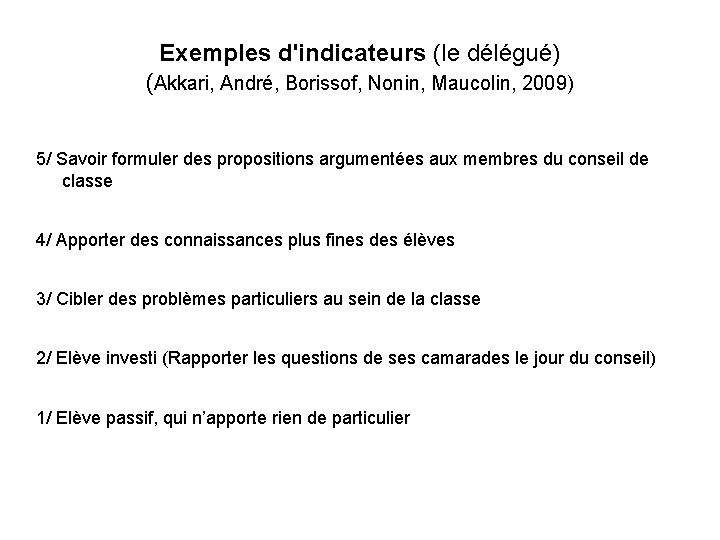 Exemples d'indicateurs (le délégué) (Akkari, André, Borissof, Nonin, Maucolin, 2009) 5/ Savoir formuler des