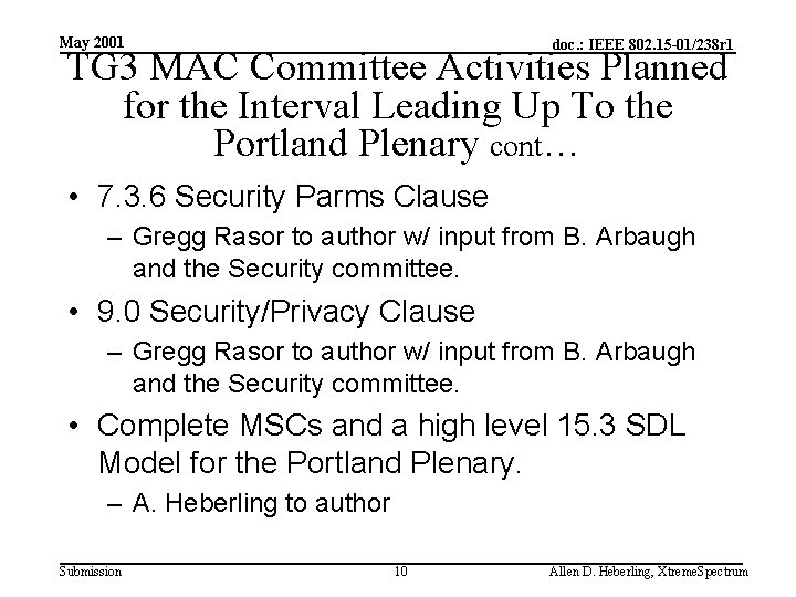 May 2001 doc. : IEEE 802. 15 -01/238 r 1 TG 3 MAC Committee