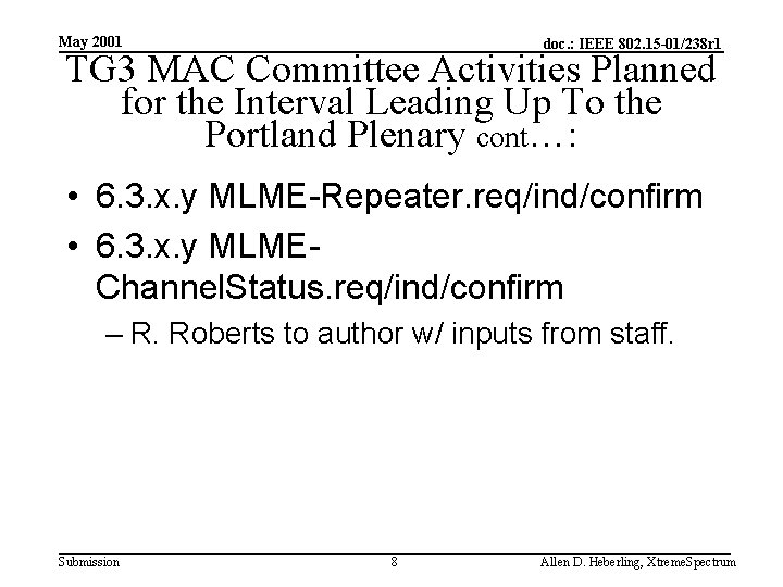 May 2001 doc. : IEEE 802. 15 -01/238 r 1 TG 3 MAC Committee