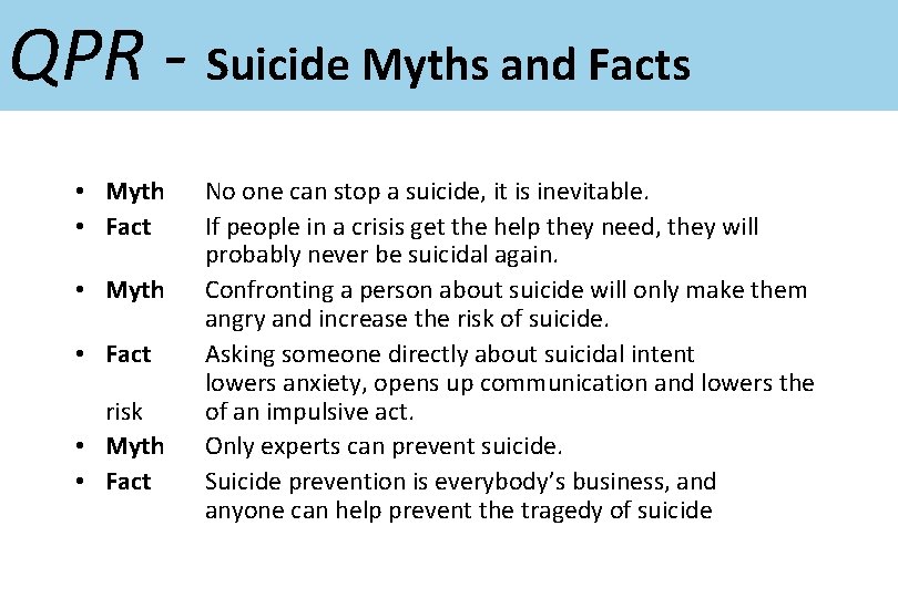 QPR - Suicide Myths and Facts • Myth • Fact risk • Myth •