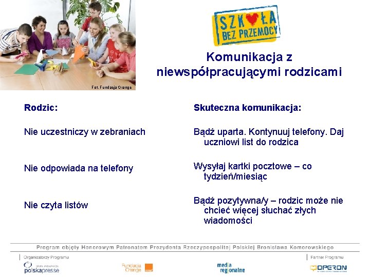 Komunikacja z niewspółpracującymi rodzicami Fot. Fundacja Orange Rodzic: Skuteczna komunikacja: Nie uczestniczy w zebraniach