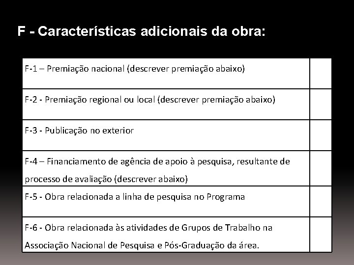 F - Características adicionais da obra: F-1 – Premiação nacional (descrever premiação abaixo) F-2