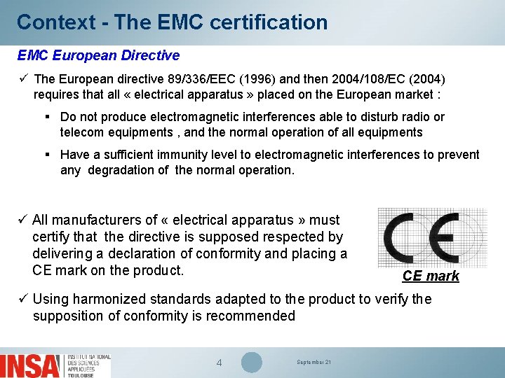 Context - The EMC certification EMC European Directive ü The European directive 89/336/EEC (1996)