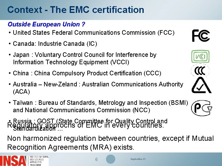 Context - The EMC certification Outside European Union ? • United States Federal Communications
