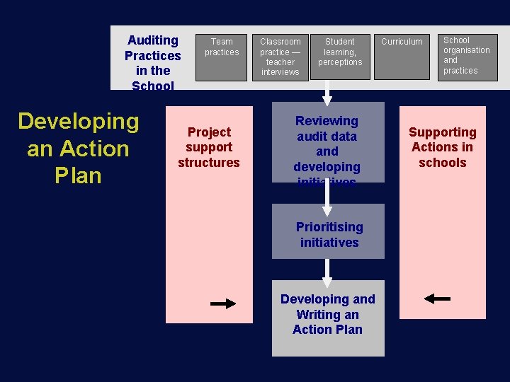 Auditing Practices in the School Developing an Action Plan Team practices Project support structures