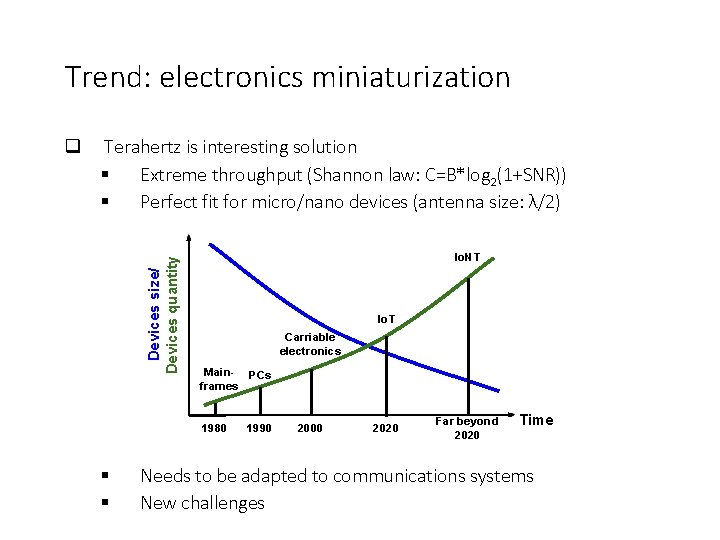 Trend: electronics miniaturization Terahertz is interesting solution Extreme throughput (Shannon law: C=B*log 2(1+SNR)) Perfect Trend: electronics miniaturization Terahertz is interesting solution Extreme throughput (Shannon law: C=B*log 2(1+SNR)) Perfect