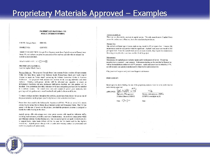 Proprietary Materials Approved – Examples 
