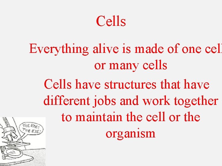 Cells Everything alive is made of one cell or many cells Cells have structures