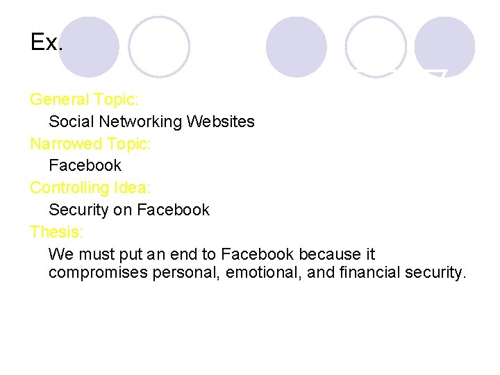 Ex. General Topic: Social Networking Websites Narrowed Topic: Facebook Controlling Idea: Security on Facebook
