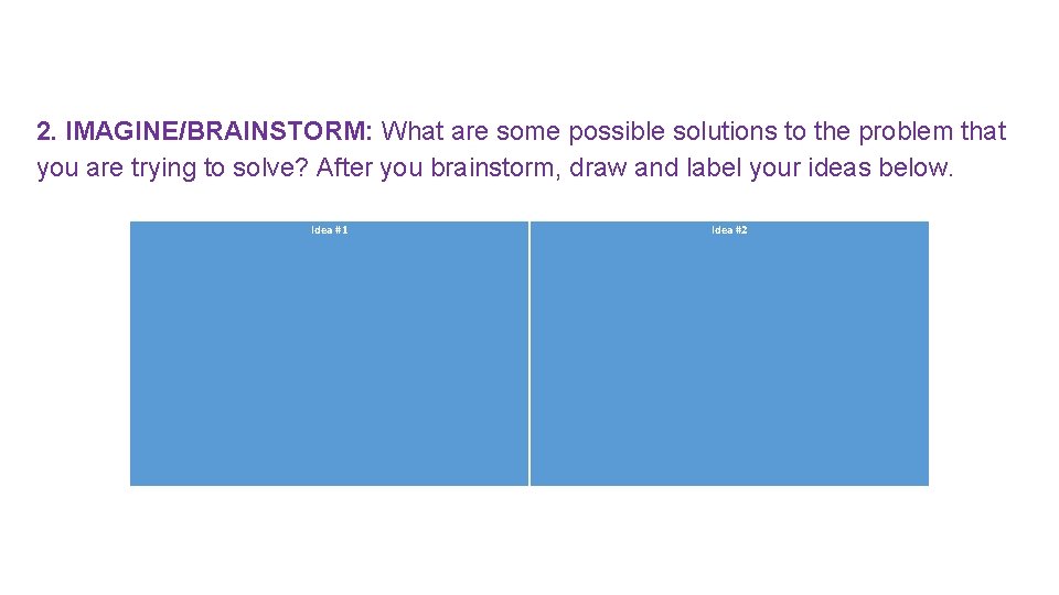 2. IMAGINE/BRAINSTORM: What are some possible solutions to the problem that you are trying