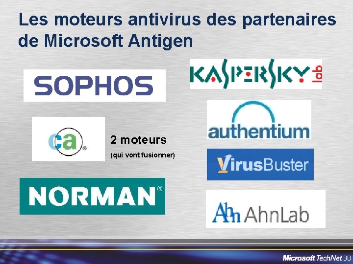 Les moteurs antivirus des partenaires de Microsoft Antigen 2 moteurs (qui vont fusionner) 30