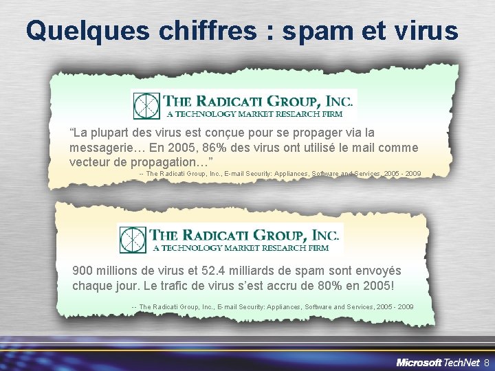 Quelques chiffres : spam et virus “La plupart des virus est conçue pour se