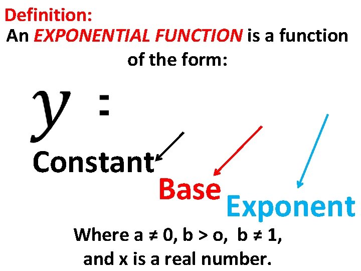 Definition: An EXPONENTIAL FUNCTION is a function of the form: Constant Base Exponent Where