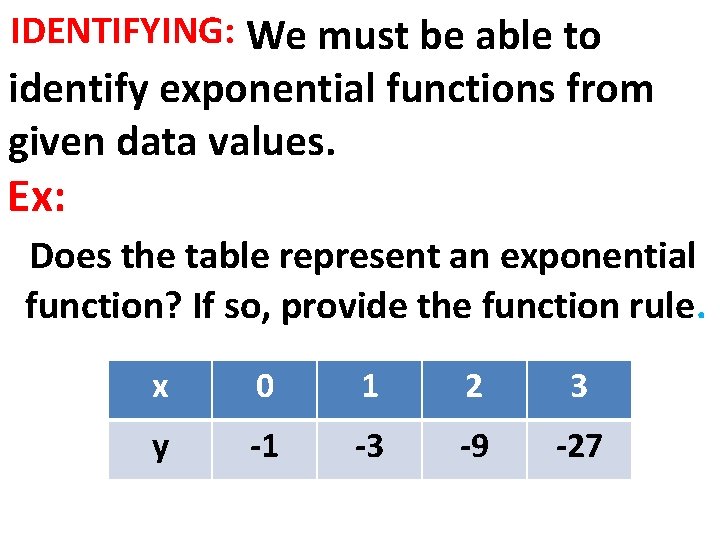 IDENTIFYING: We must be able to identify exponential functions from given data values. Ex:
