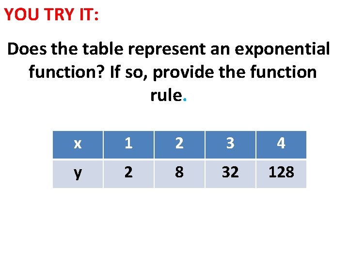 YOU TRY IT: Does the table represent an exponential function? If so, provide the