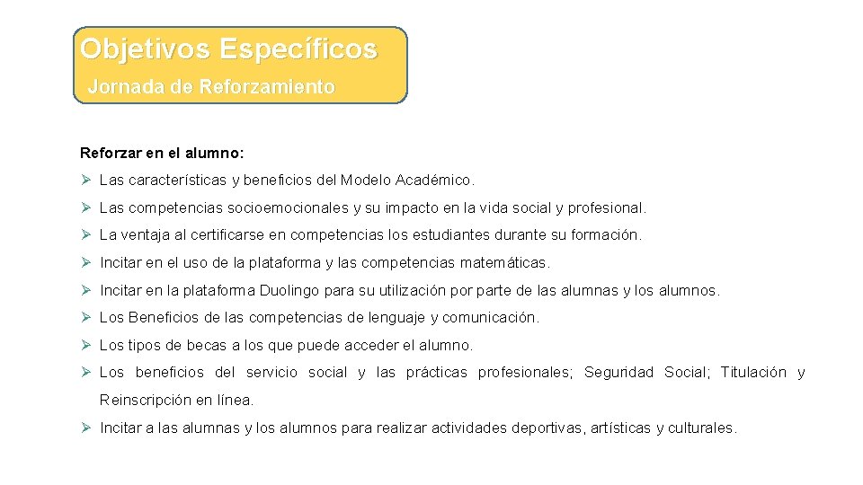 Objetivos Específicos Jornada de Reforzamiento Reforzar en el alumno: Ø Las características y beneficios