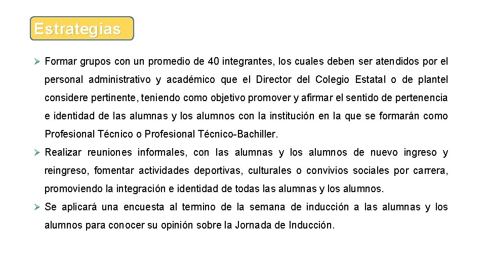 Estrategias Ø Formar grupos con un promedio de 40 integrantes, los cuales deben ser