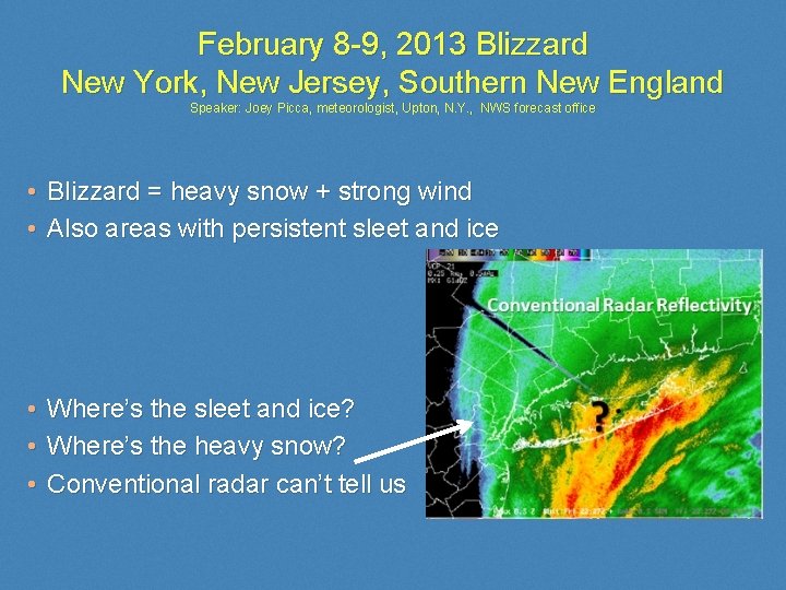 February 8 -9, 2013 Blizzard New York, New Jersey, Southern New England Speaker: Joey