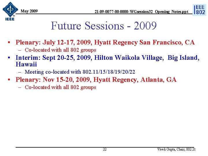 May 2009 21 -09 -0077 -00 -0000 -WGsession 32_Opening_Notes. ppt Future Sessions - 2009