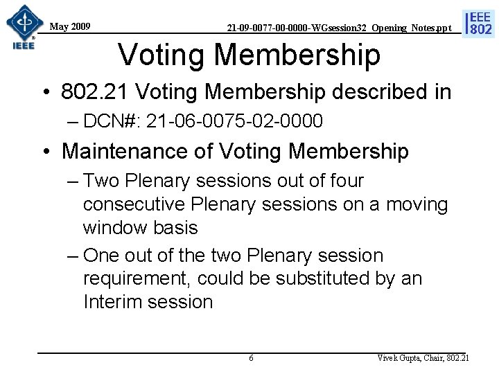 May 2009 21 -09 -0077 -00 -0000 -WGsession 32_Opening_Notes. ppt Voting Membership • 802.