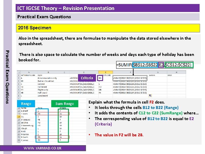ICT IGCSE Theory – Revision Presentation Practical Exam Questions 2016 Specimen Also in the