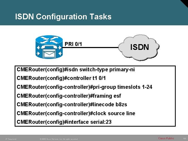 ISDN Configuration Tasks PRI 0/1 ISDN CMERouter(config)#isdn switch-type primary-ni CMERouter(config)#controller t 1 0/1 CMERouter(config-controller)#pri-group