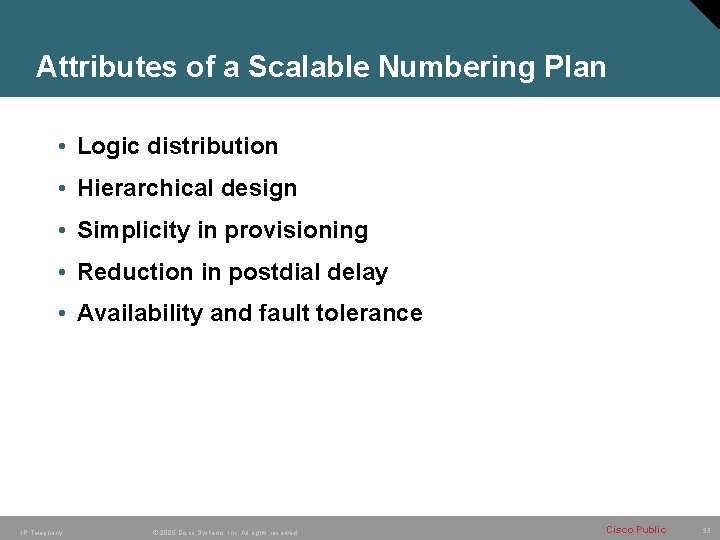 Attributes of a Scalable Numbering Plan • Logic distribution • Hierarchical design • Simplicity