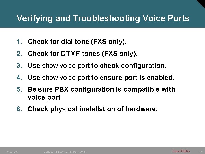 Verifying and Troubleshooting Voice Ports 1. Check for dial tone (FXS only). 2. Check
