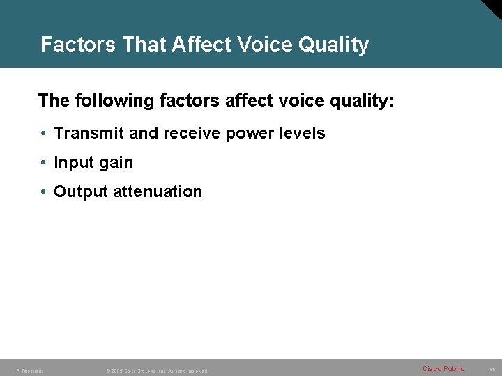Factors That Affect Voice Quality The following factors affect voice quality: • Transmit and