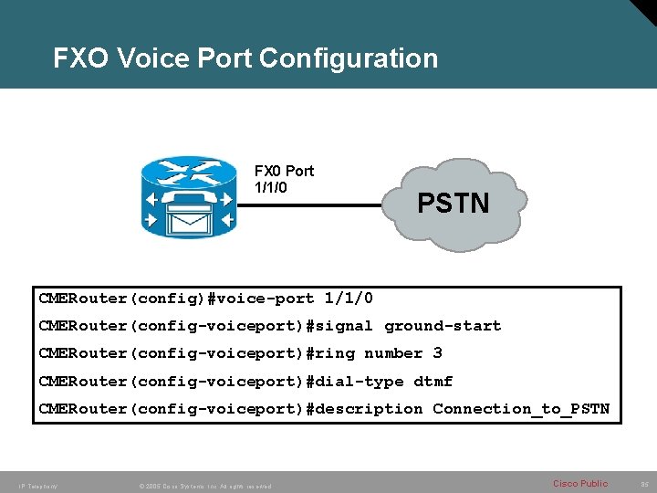 FXO Voice Port Configuration FX 0 Port 1/1/0 PSTN CMERouter(config)#voice-port 1/1/0 CMERouter(config-voiceport)#signal ground-start CMERouter(config-voiceport)#ring