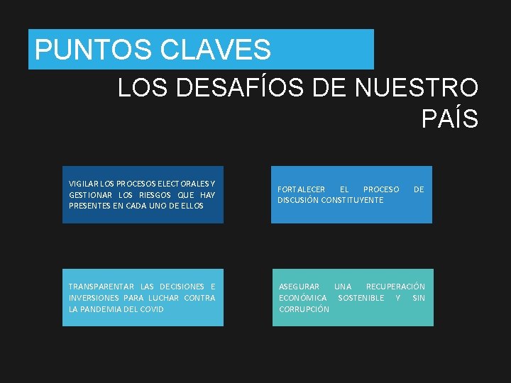 PUNTOS CLAVES LOS DESAFÍOS DE NUESTRO PAÍS VIGILAR LOS PROCESOS ELECTORALES Y GESTIONAR LOS