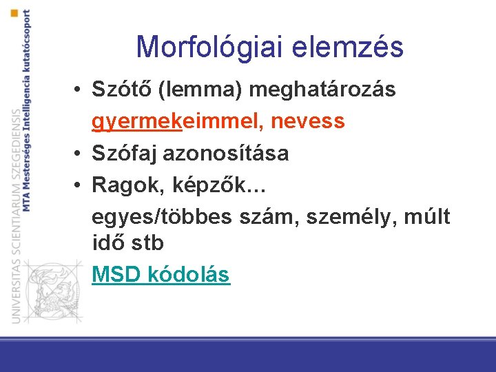 Morfológiai elemzés • Szótő (lemma) meghatározás gyermekeimmel, nevess • Szófaj azonosítása • Ragok, képzők…