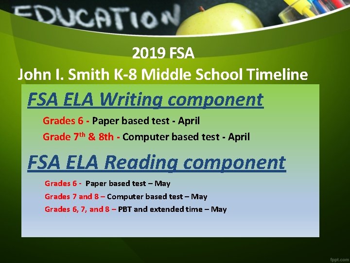 2019 FSA John I. Smith K-8 Middle School Timeline FSA ELA Writing component Grades