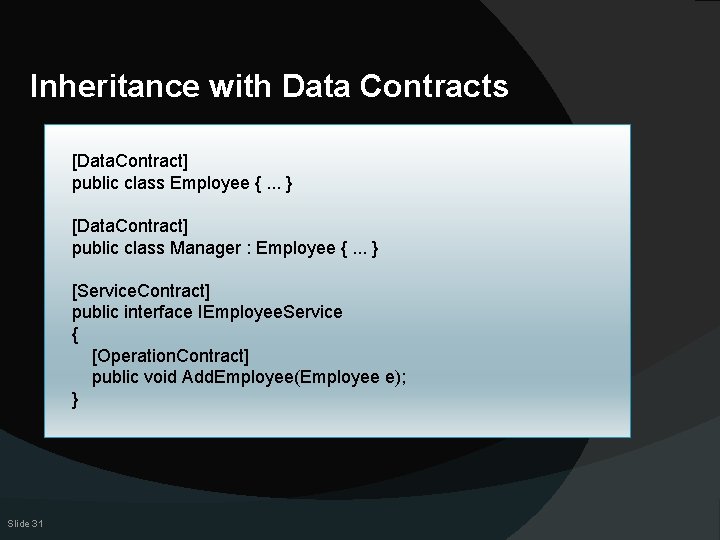 Inheritance with Data Contracts [Data. Contract] public class Employee {. . . } [Data.