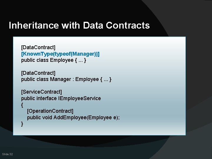 Inheritance with Data Contracts [Data. Contract] [Known. Type(typeof(Manager))] public class Employee {. . .