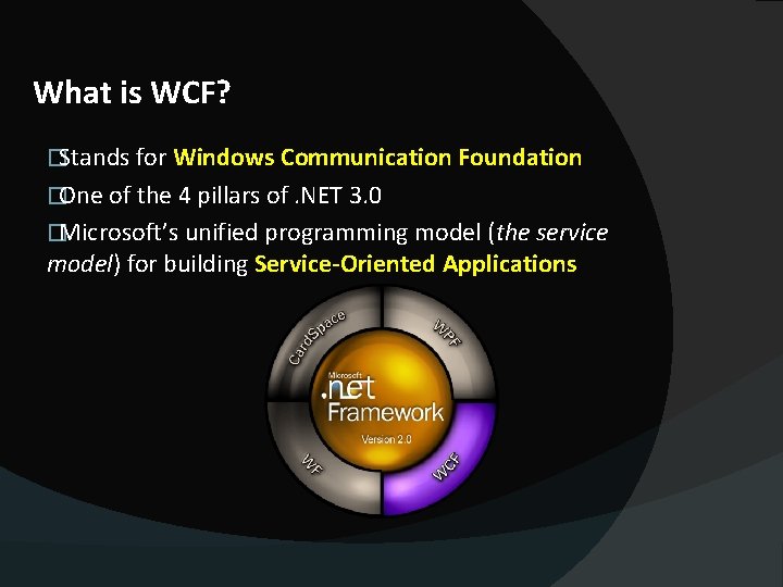 What is WCF? �Stands for Windows Communication Foundation �One of the 4 pillars of.