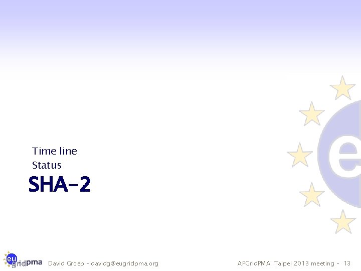 Time line Status SHA-2 David Groep – davidg@eugridpma. org APGrid. PMA Taipei 2013 meeting