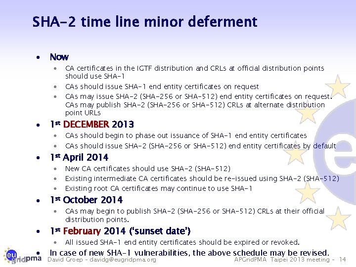 SHA-2 time line minor deferment · Now · · 1 st DECEMBER 2013 ·