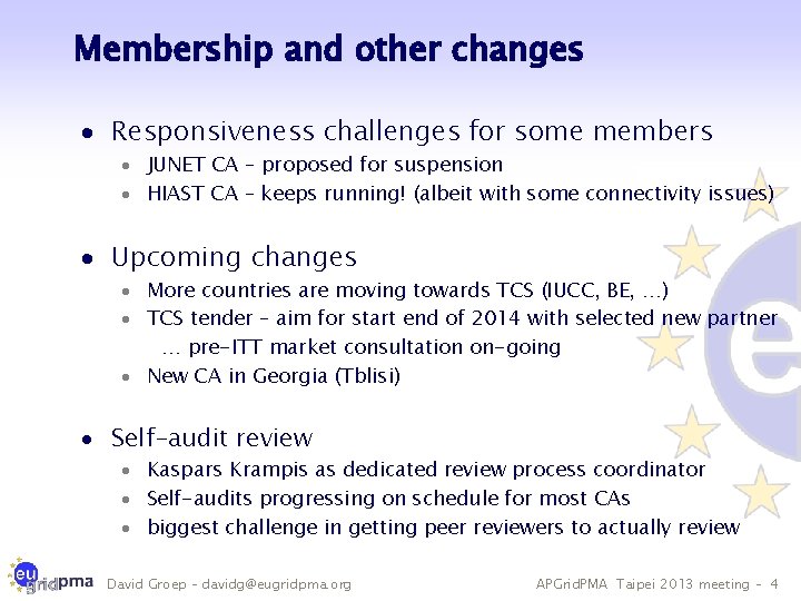 Membership and other changes · Responsiveness challenges for some members · JUNET CA –