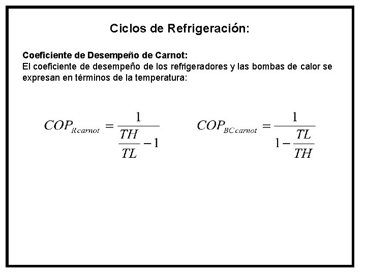 Ciclos de Refrigeración: Coeficiente de Desempeño de Carnot: El coeficiente de desempeño de los