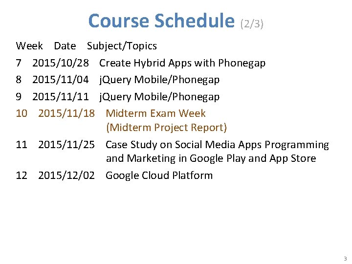 Course Schedule (2/3) Week Date Subject/Topics 7 2015/10/28 Create Hybrid Apps with Phonegap 8