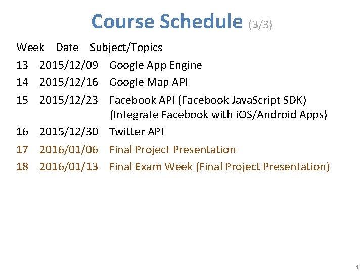 Course Schedule (3/3) Week Date Subject/Topics 13 2015/12/09 Google App Engine 14 2015/12/16 Google