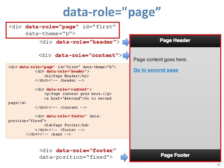 data-role="page” <div data-role="page" id="first" data-theme="b"> <div data-role="header"> <div data-role="content"> <div data-role="page" id="first" data-theme="b"> <div