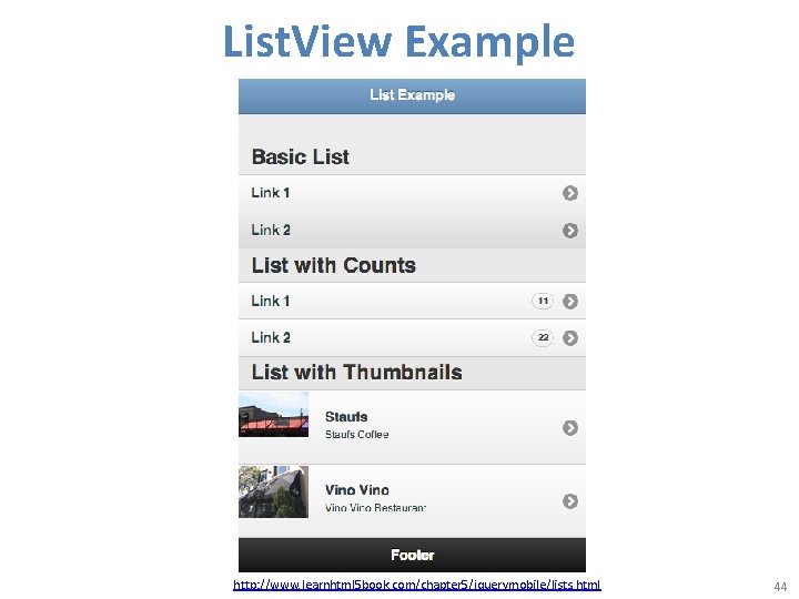 List. View Example http: //www. learnhtml 5 book. com/chapter 5/jquerymobile/lists. html 44 