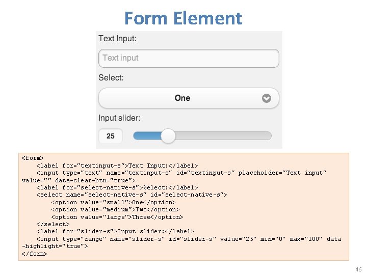 Form Element <form> <label for="textinput-s">Text Input: </label> <input type="text" name="textinput-s" id="textinput-s" placeholder="Text input" value=""