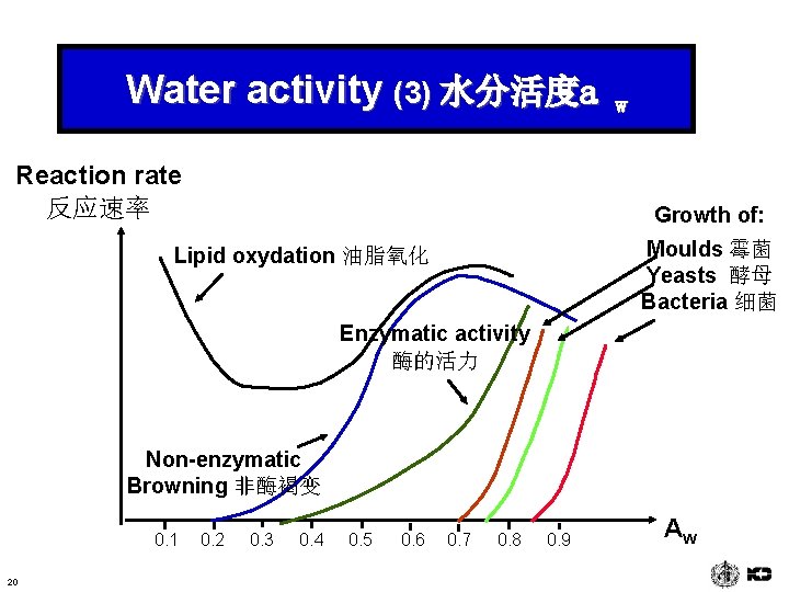 Water activity (3) 水分活度a Reaction rate 反应速率 w Growth of: Moulds 霉菌 Yeasts 酵母