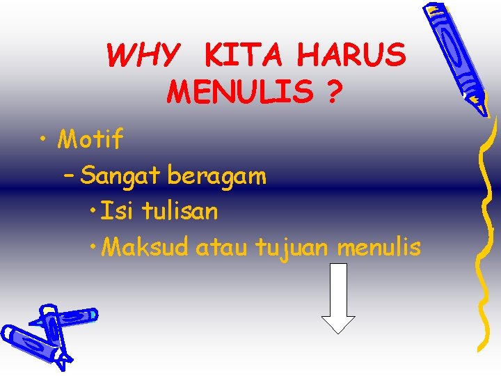 WHY KITA HARUS MENULIS ? • Motif – Sangat beragam • Isi tulisan •