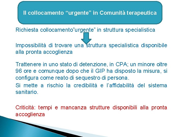 Il collocamento “urgente” in Comunità terapeutica Richiesta collocamento”urgente” in struttura specialistica Impossibilità di trovare