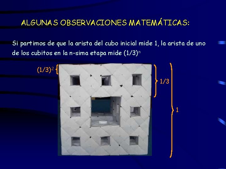 ALGUNAS OBSERVACIONES MATEMÁTICAS: Si partimos de que la arista del cubo inicial mide 1,